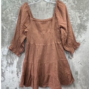 Rebellion Again Brown Cotton Gauze Smocked Mini Dress S NWT Boho Cottagecore